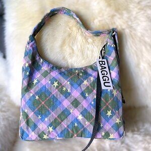 NWT Baggu Nylon Shoulder Bag - Green Star Plaid